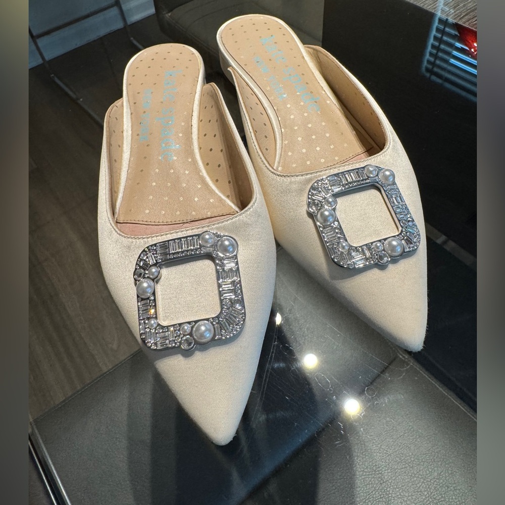 kate spade Ivory Pointed Toe Embellished Mules